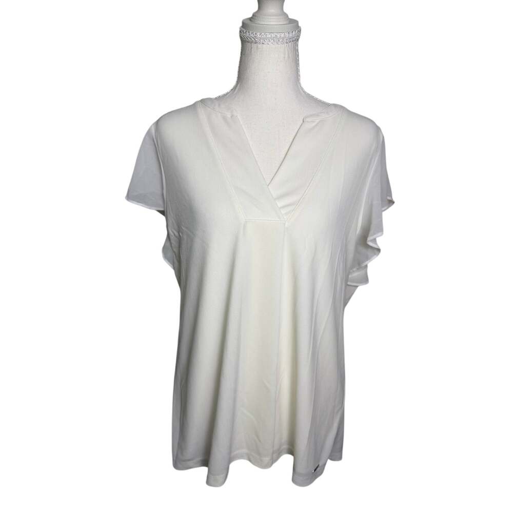 Calvin Klein Women’s Ivory Flutter Sleeve V Neck Blouse Elegant Casual Top